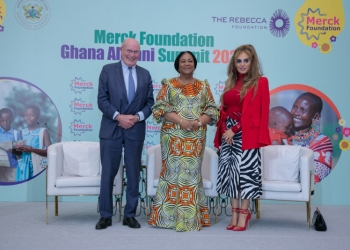 Senator, Dr. Rasha Kelej, Merck Foundation CEO and Prof. Dr. Frank Stangenberg- Haverkamp, Chairman of Merck Foundation BoT, together with H.E. Mrs. REBECCA AKUFO-ADDO, The First Lady of Ghana during their Alumni Summit 2024 in Accra