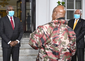Ugandan President Yoweri Museveni shares a warm smile with Angolan Special Envoy and Minister of External Relations, Ambassador Tete Antonio, outside State House, Entebbe, as they discuss strengthening bilateral ties ahead of President João Lourenço's state visit