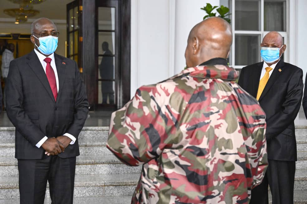 Ugandan President Yoweri Museveni shares a warm smile with Angolan Special Envoy and Minister of External Relations, Ambassador Tete Antonio, outside State House, Entebbe, as they discuss strengthening bilateral ties ahead of President João Lourenço's state visit