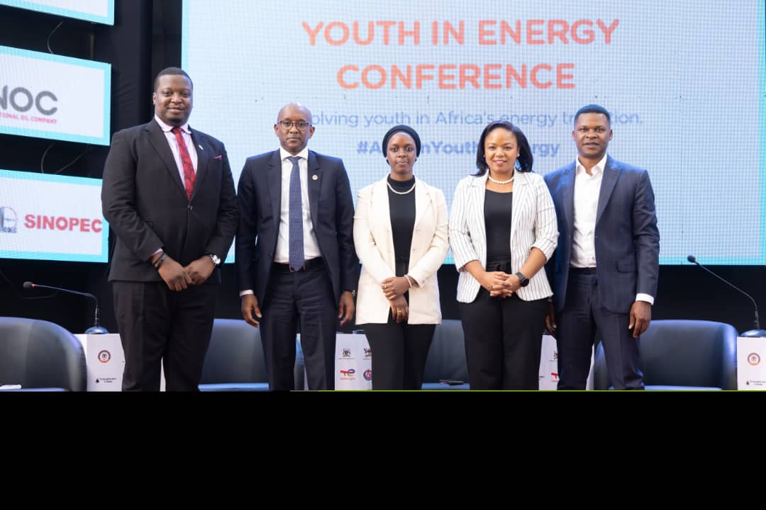 Panelists (L-R) Humphrey Asiimwe, CEO, Uganda Chamber of Mines and Petroleum, Cheick-Omar Diallo, Leader Task Force Communication et Porte-parole des, Rhamla Nantongo, Graduate trainee, Production Engineer at PAU, Eva Mpalampa, Head of Oil & Gas Commercial Banking, Stanbic Bank Uganda at the recently concluded Youth in Energy Conference at Makerere University. 