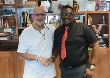 PAP Speaker Andrew Irumba Katusabe with H.E Dr.Sudhir Ruparelia at his Office on Crane Chambers K’la road on Tuesday