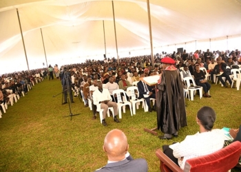 Students of the Academic Year 2024/2025 intake, listening to the presentation by the Acting Deputy Vice-Chancellor (Academic Affairs)/Academic Registrar, Prof. Buyinza Mukadasi.