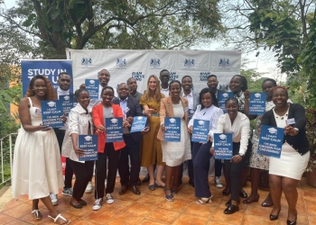 Deputy British High Commissioner Tiffany Kirlew with 20 Ugandan scholars bound for the UK under the Chevening Scholarship program