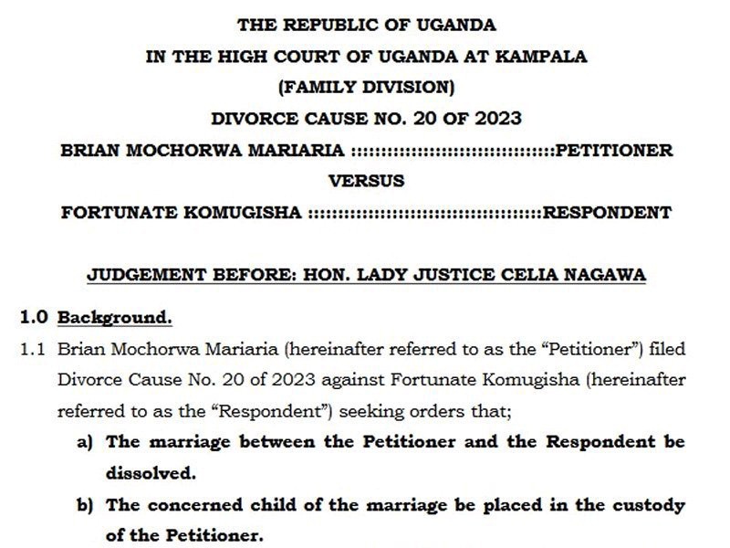 COURT RULING: Judge Celia Nagawa's ruling in the divorce case between Ugandan radio boss Brian Mochorwa Mariaria and his ex-wife Fortunate Komugisha, citing irreconcilable differences due to domestic violence, infidelity, and allegations of witchcraft.