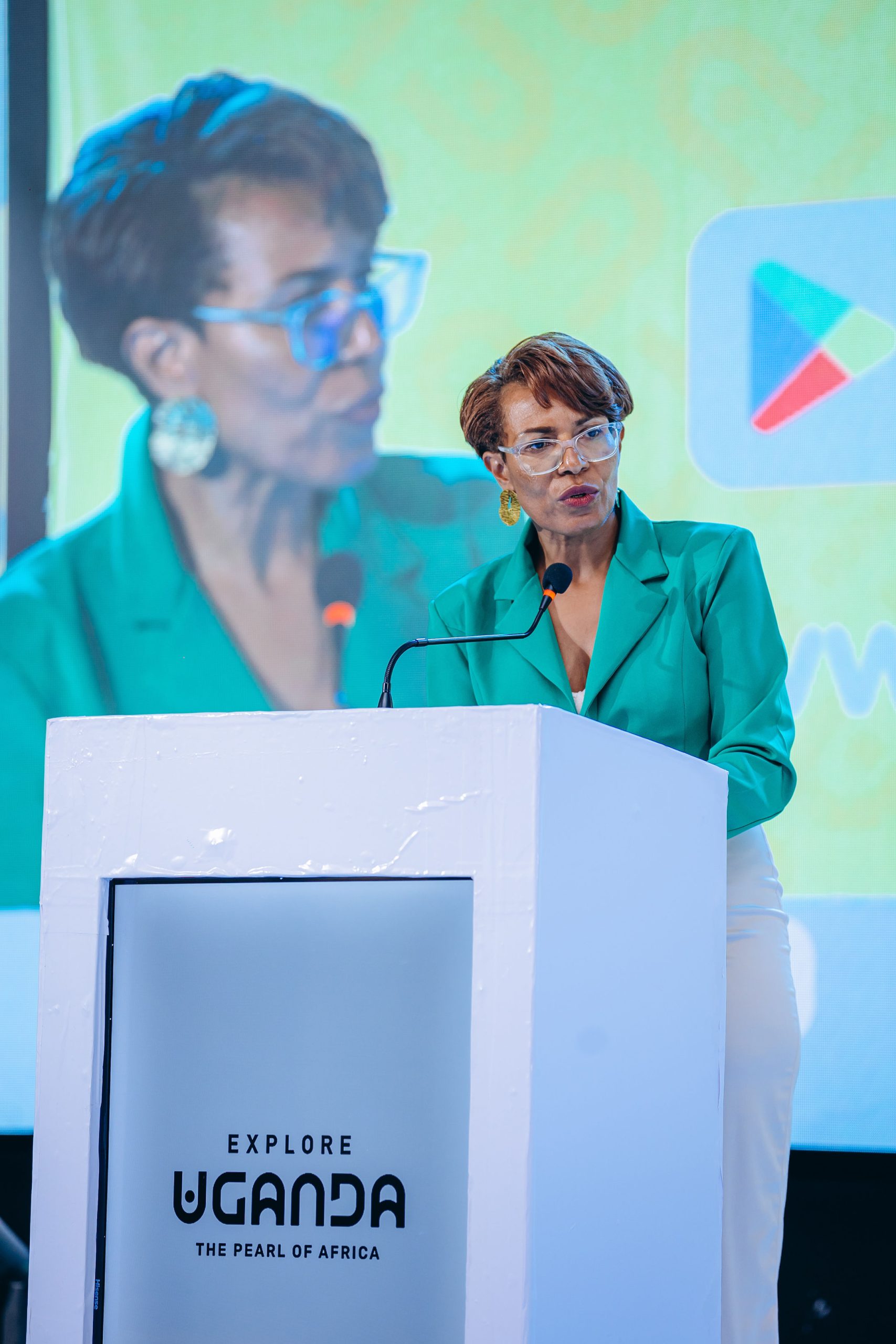 Uganda Tourism Board (UTB) CEO Lilly Ajarova addresses stakeholders during the launch of the 'Explore Uganda' mobile app in Kampala. The innovative app aims to boost Uganda's global tourism visibility by providing a one-stop center for information on attractions, accommodation, events, and service providers.