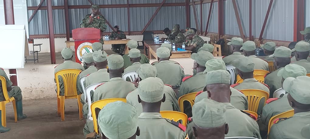 Lt Gen Sam Okiding addresses soldiers at the School of Artillery and Air Defence in Olilim, Katakwi District.