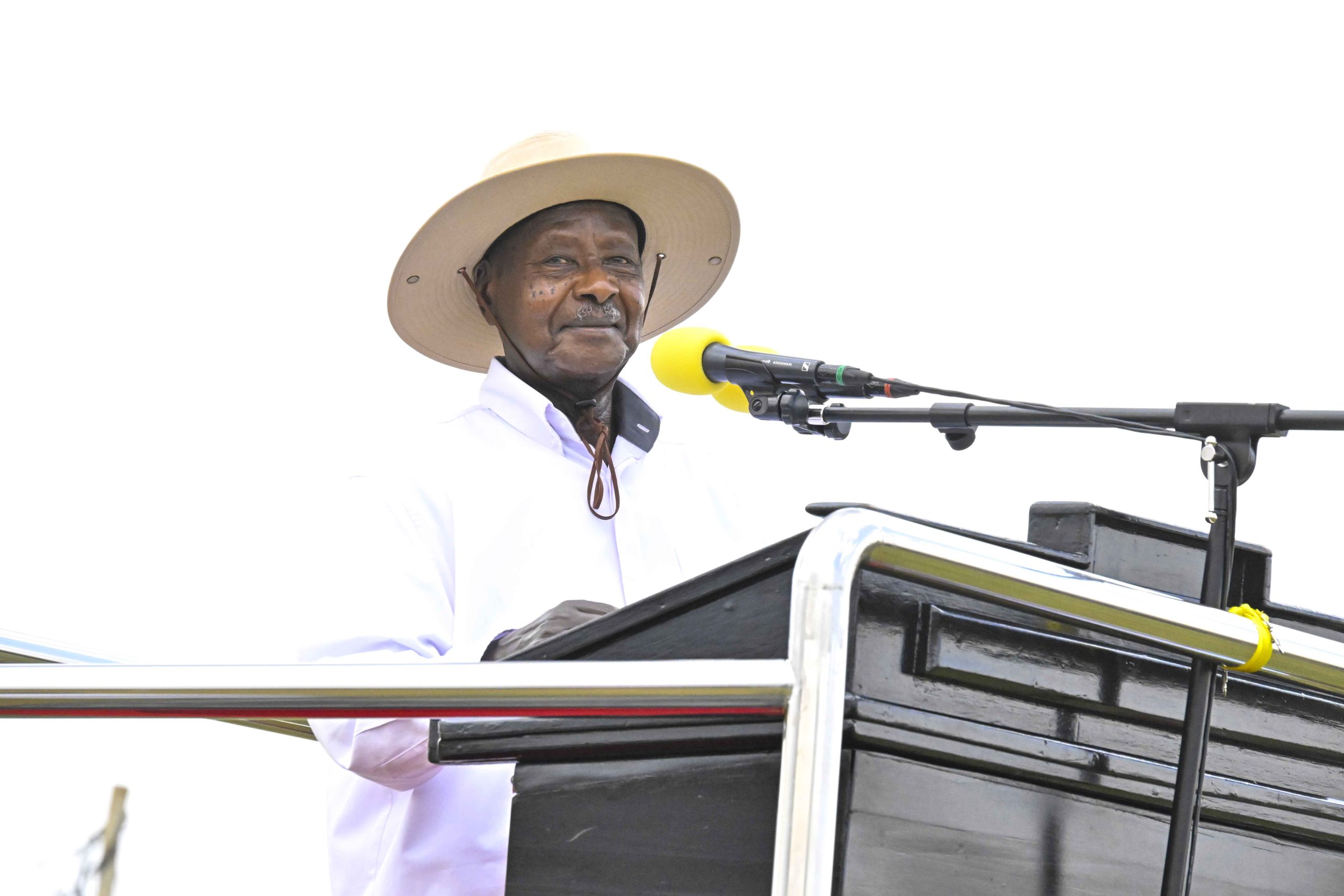 President Yoweri Museveni speaks passionately to a crowd of supporters during a rally in Mbale City, urging Bugisu youths to reject school charges in government schools and promoting his vision for accessible education