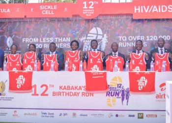 The Katikkiro of Buganda, Owek. Charles Peter Mayiga(C), Airtel Uganda’s Human Resource Manager, Flavia Lwanga(3rd L) with other officials from both Airtel Uganda and Buganda Kingdom unveiling the 2025 Kabaka Birthday Run kit today at Bulange-Mengo, the Buganda Kingdom Headquarters.The 12th edition of the Kabaka Birthday Run, scheduled for April 6, 2025, will be held under the theme “Men for Good Health to Save the Girl Child.