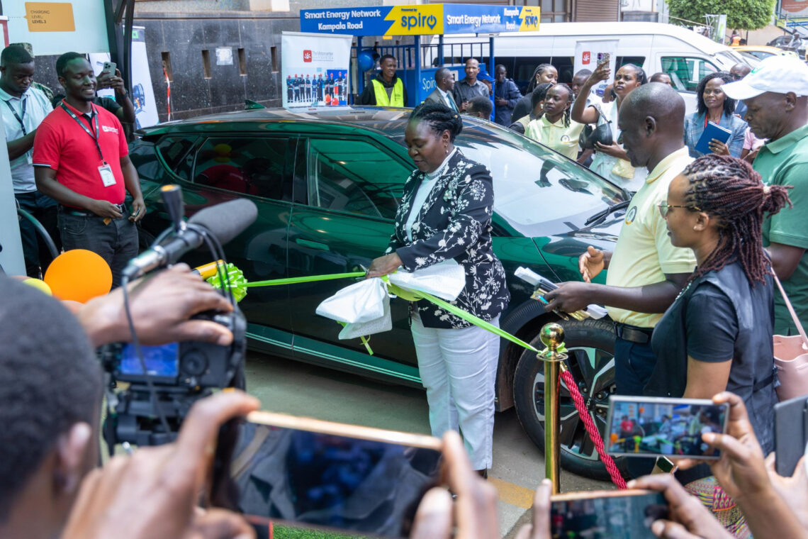 Uganda's Energy Minister, Hon. Dr. Ruth Nankabirwa Ssentamu, launches the country's first public electric vehicle charging station in Kampala, marking a significant step towards promoting sustainable transportation and reducing carbon emissions.
