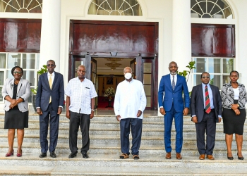 From The Right, Mrs Irene Nanfuka Rusoke, Prof John David Kabasa, Dr Joseph Muvawala, H.E The president of Uganda, Rtd Col. Nuwe Amanya Dr Nankindu Kavuma and Mrs Monica Abenakyo