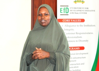 Dr. Aisha Nanyiti speaks at a workshop on clean energy solutions for smallholder farmers, hosted by Makerere University's College of Business and Management Sciences (CoBAMS) and Environment for Development (EfD) on April 25, 2024.