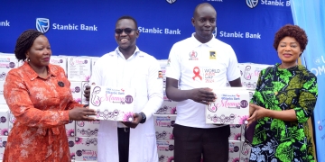 Stanbic Business Incubator Chief Executive Catherine Poran and Dr. Paulina Chiwangu, UN Women Country Representative in Uganda, handing over mama Kits to the hospital leadership in West Nile