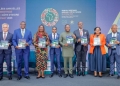 AfDB Senior Vice president Marie-Laure Akin Olugbade (third from left), Vice President Kevin Urama (fourth from right) and high-level attendees at the launch of the African Economic Outlook during the AfDB Annual Meetings