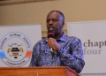Minister , Gen David Muhoozi addressing the gathering at Golf Course Hotel on Thursday. (Courtesy photo)