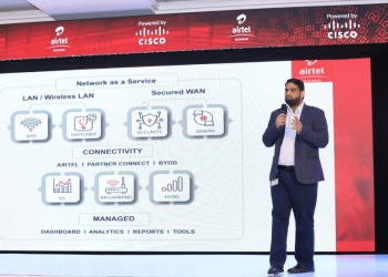 Javed Johar, Account Executive for Cisco Architecture, demonstrates the new Network as a Service (NaaS) at its launch event in Kampala.