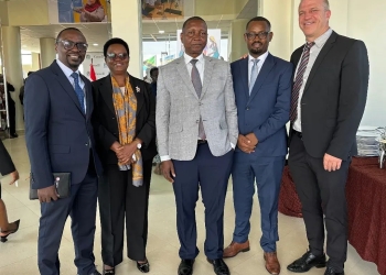 From left to right: Renatus Mushi, FINCA Tanzania Head of Research and Business Development; Prof. Carolyne I. Nombo, Permanent Secretary, Ministry of Education, Tanzania; Prof. Adolf Mkenda, Ministry of Education, Tanzania; Felician Girambo, CCO, FINCA Tanzania; and Drew Boshell, Executive Director, FINCA Canada.