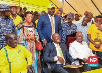 Hon. Haruna Kasolo (seated middle) with other individuals who accompanied him at NRM offices in Kyadondo on Thursday.