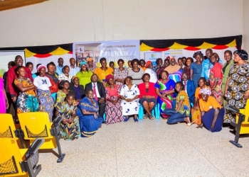 Women entrepreneurs pose for a photo during the WiBAS training held at Muni University, Arua District. The workshop was conducted under the theme “Handholding Women for Business Sustainability.”