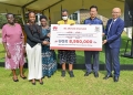 The First Lady/ Ministry of Education and Sports Janet Kataha Museveni hands over a dummy cheque of Eight Million Nine Hundred and Fifty Thousand Uganda shillings (USHs.8,950,000/=) to Michelle Chemutai for the first female to get the prestigious Huawei Certified Internet Expert (HCIE) award in the presence of The People’s Republic of China’s Ambassador to Uganda H.E. Zhang Lizhong, The Huawei Eastern Africa Multi-Country Regional CEO, Dong Xuefeng, The State Minister for Primary Education Hon. Dr. Joyce Moriku Kaducu and the Ministry of Education Permanent Secretary Dr Kedrace Turyagyenda at the Official Awarding of the Huawei ICT Global competition students 2024-2025 at the State Lodge Nakasero on 7th August 2025. Photo by PPU/Tony Rujuta.