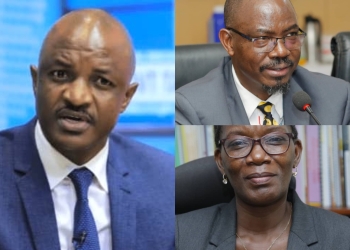 Principal Secretary Ramathan Ggoobi (left), retiring Internal Auditor General Dr. Fixon Okonye (top right), and Maris Wanyera (bottom right).