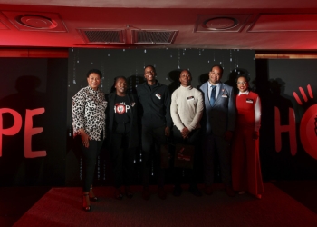 KFC Add Hope Hackathon Winning Team: From left to right: Kgomotso Rammutla (Digital Director at KFC Africa); Anastazia Sitenda (KFC Add Hope Programme Manager). Members of the winning team (Ctrl-Alt-Del-Hunger): Hotu Ramphisa and Sibusiso Nkabinde. Prof Dustin van der Haar (Head of Department – Academy of Computer Science and Software Engineering at University of Johannesburg) and Faith Kotsedi – Senior Manager: Information Technology at the Mining Qualifications Authority - MQA