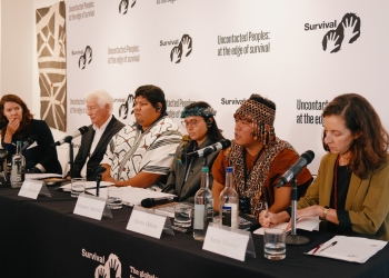 (l-r) Survival Director Caroline Pearce, Richard Gere, Lucas Manchineri, Maipatxi Apurinã and Herlin Odicio spoke at the press conference. Sarah Shenker translated. Jamie Stoker/Survival