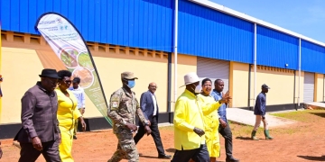 President Musevni chats with Speaker Anita Among after commissioning Acomai irrigation scheme in Bukedea district on Wednesday. PPU Photo