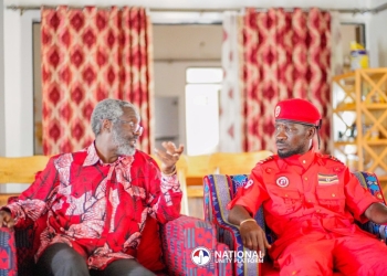 National Unity Platform president Robert Kyagulanyi, left, known as Bobi Wine, lays a national flag on the grave of former President Milton Obote as Jimmy Akena, Obote's son, looks on in Apac District, Uganda. The visit sparked debate about historical divisions.