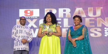 The Chief Guest, South African High Commission to Uganda, Solly Mollo (L), Irene Nakasiita (R), President of the Public Relations Association of Uganda (PRAU), and Sarah Kagingo (C), who received the Lifetime Achievement Award at the 9th PRAU Excellence Awards, held at Protea Hotel in Kampala on December 4, 2025, under the theme “Recognizing Innovation and Impact in Public Relations.”