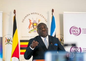 UCC Executive Director Nyombi Thembo addresses reporters at the Uganda Media Centre, warning that BitChat and other digital platforms are not beyond government regulation.