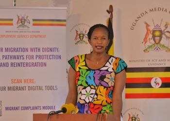 Minister of State for Labour, Employment and Industrial Relations Esther Anyakun Davinia addresses reporters at the Uganda Media Centre in Kampala on Thursday. Anyakun announced the launch of a national awareness campaign to curb illegal recruitment and protect Ugandan migrant workers through new oversight measures and digital verification systems.