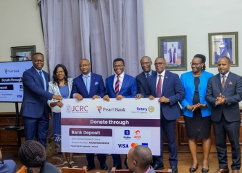 The Katikiro of Buganda, Charles Peter Mayiga (C), meets with Pearl Bank Managing Director Julius Kakeeto (L) and JCRC Executive Director Dr Cissy Kityo (2nd L) at Bulange, Mengo, on 18 March 2026. The meeting followed the launch of a $4m partnership between the JCRC, Rotary and Pearl Bank to establish Uganda’s first bone marrow transplant centre for the treatment of blood disorders and cancers.