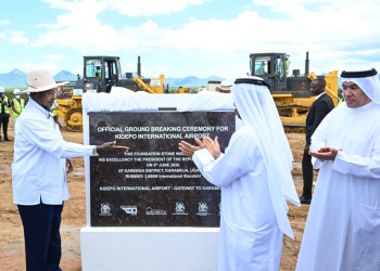 President Yoweri Kaguta Museveni and Abdallah Mohamad Sultan Alowais, chairman of the Sharjah Chamber of Commerce and Industry, unveil a foundation stone to launch the construction of Kidepo International Airport in Karenga District.
